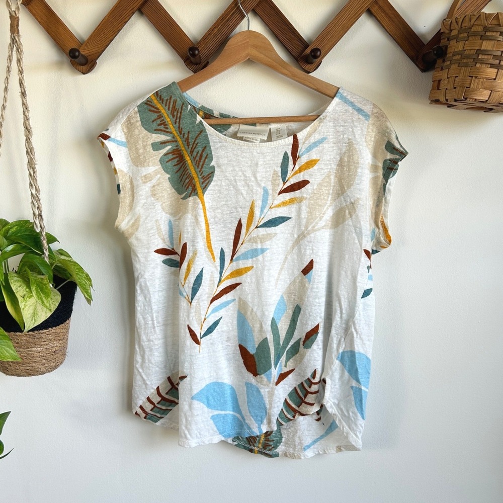 Cynthia Rowley 100% Linen Tropical Leaf Print Sleeveless Top White Blue Medium